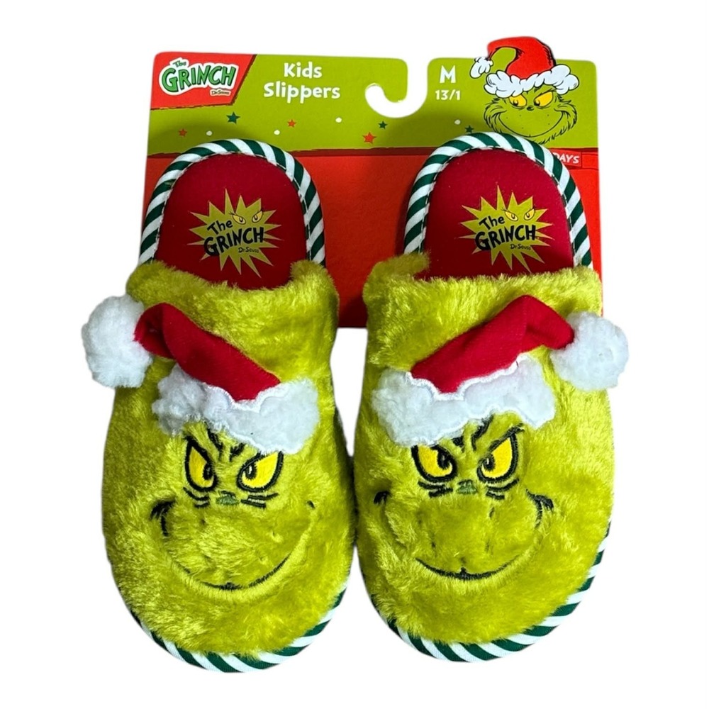 Dr Seuss Grinch Christmas Santa Hat Slippers Slides Kid's M 13/1 Green